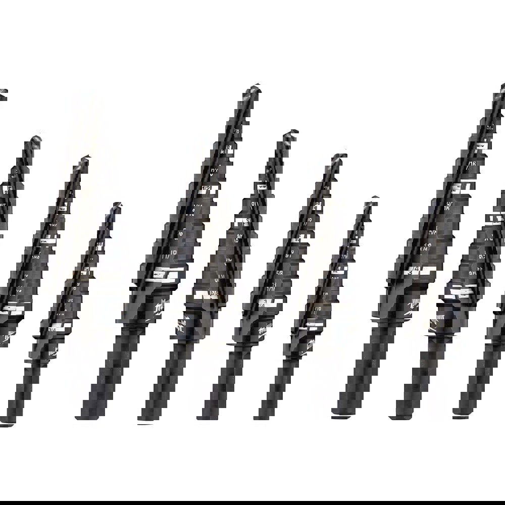 Step Drill Bits; Tool Material: High-Speed Steel ; Number Of Hole Sizes: 9 ; Shank Type: Round with Flats ; Hole Diameter: 1/4 to 3/4 ; Series: Milwaukee ; Number Of Flats: 3